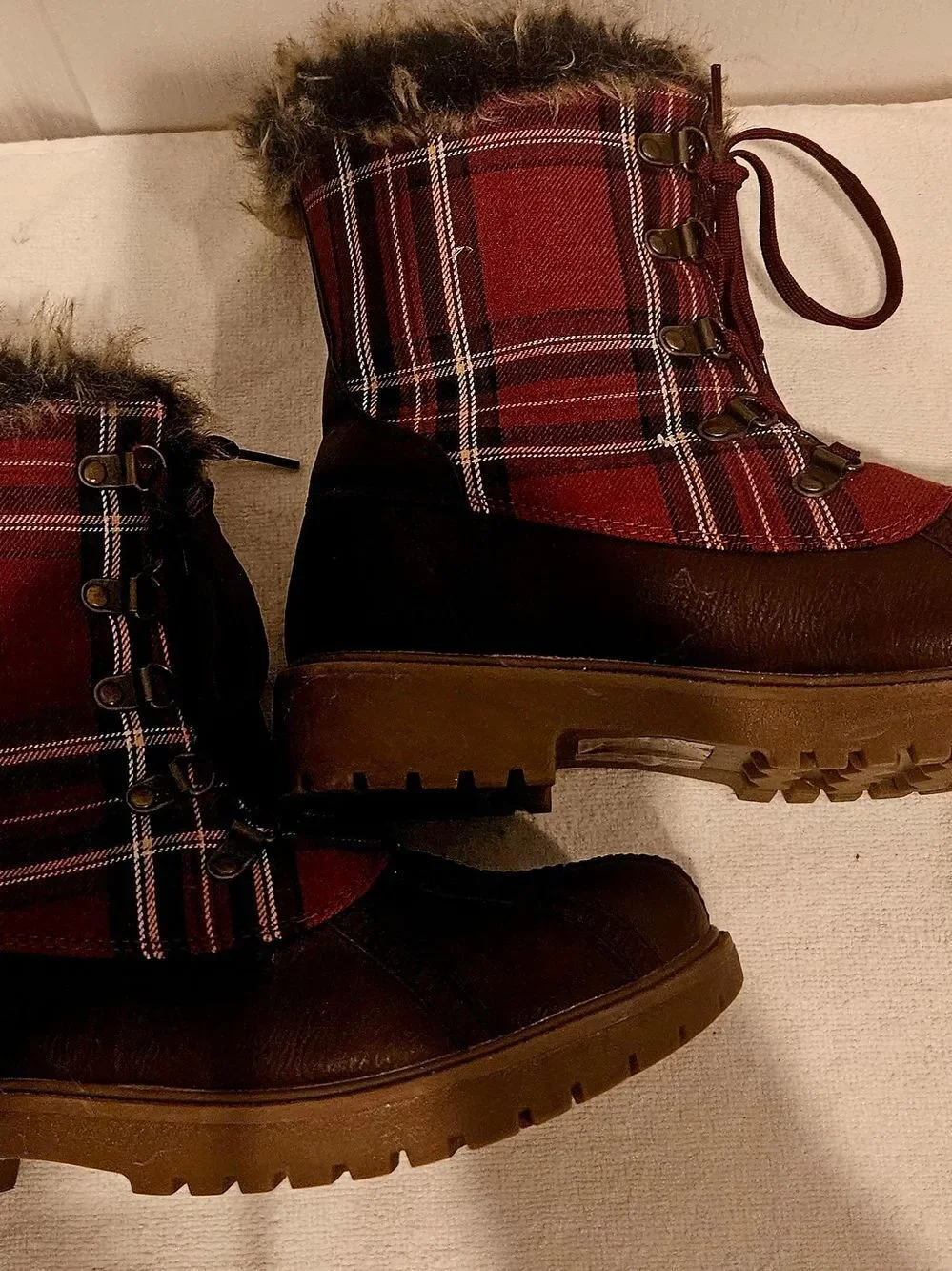 JustFab Burgundy & Brown Faux-Fur Trim Winter Lace-Up Boots